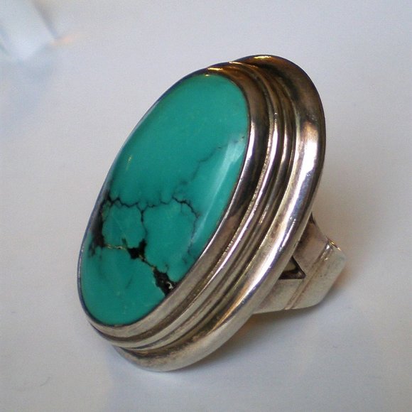 Gorgeous Vintage HUGE Sterling Silver 925 Turquoise Cocktail Dinner Ring 31 g. - Picture 2 of 8